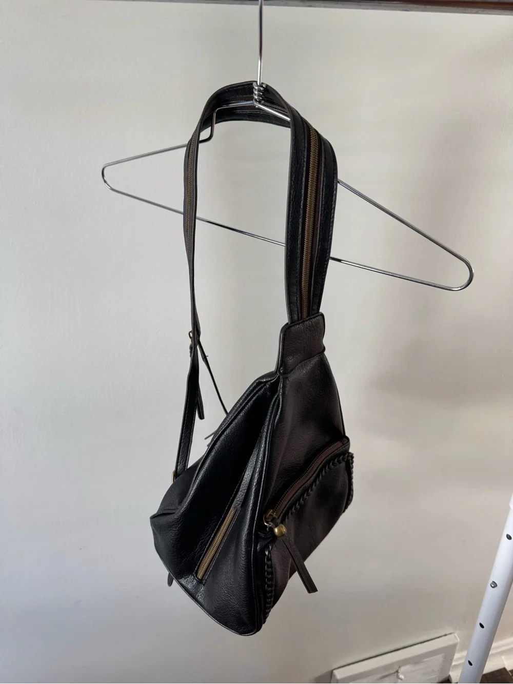 Vintage Black Faux Leather Convertible Backpack Purse | Braided Trim | Y2K Boho